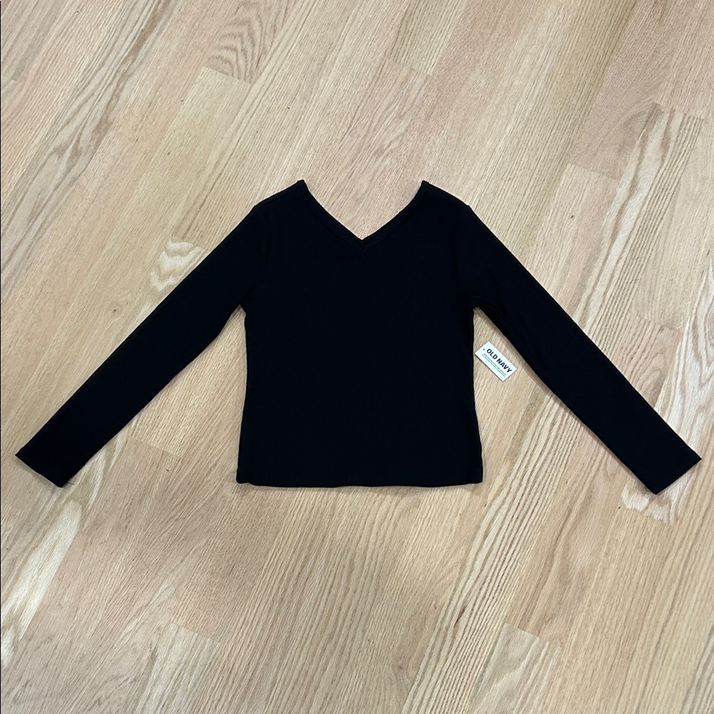 NWT Old Navy Black V-Neck (front&back) Long Sleeve Ribbed Shirt, Size L (10/12)